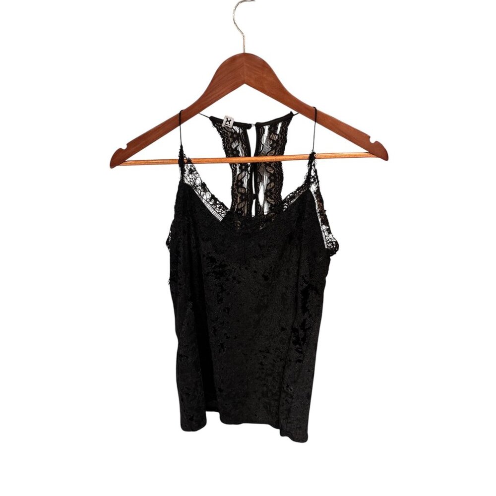 Black Velvet & Lace Sleeveless Camisole Top With Lace Back Detail
